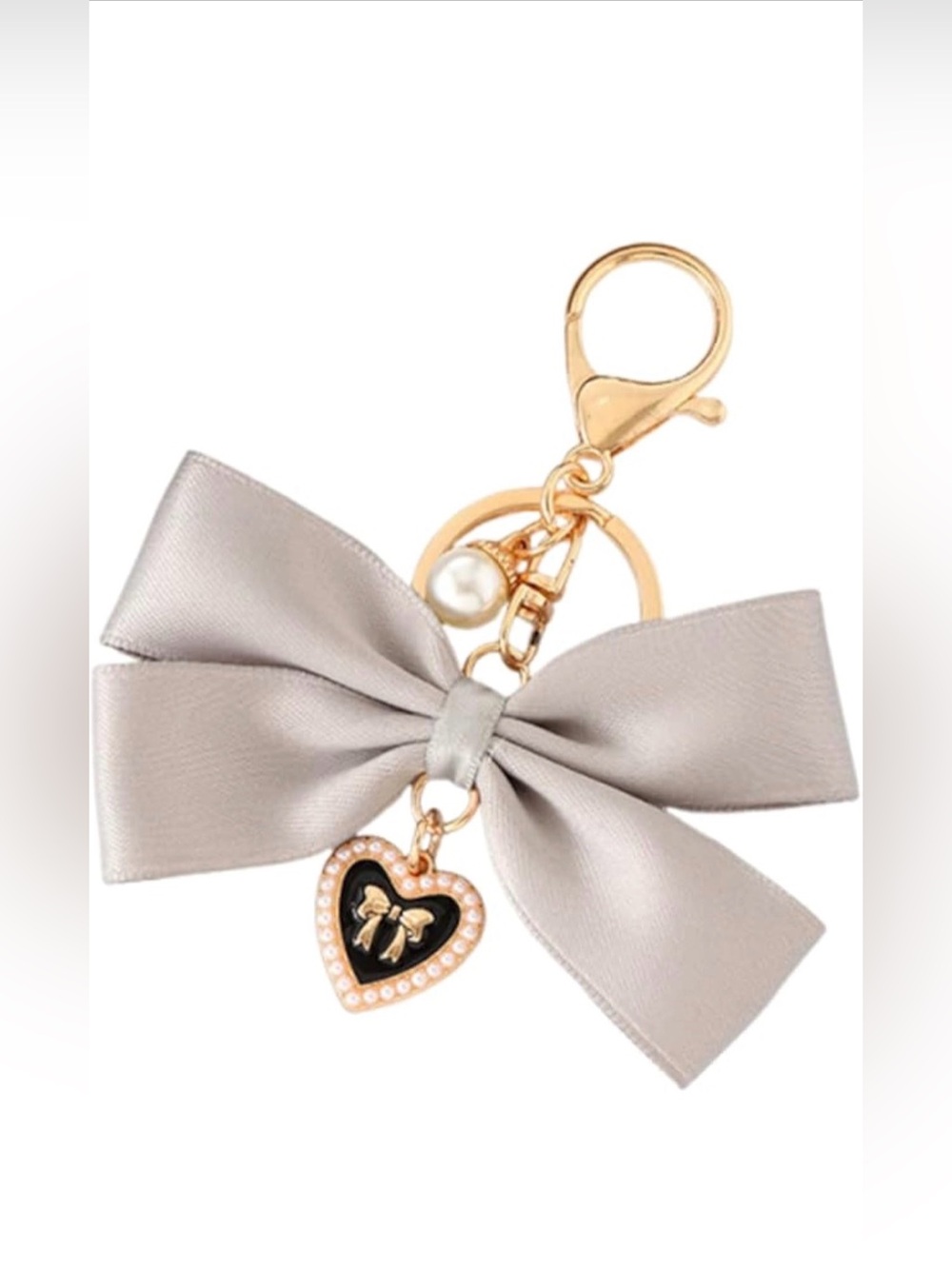 Gray Bow Pearl Heart Bag Charm Keychain-New